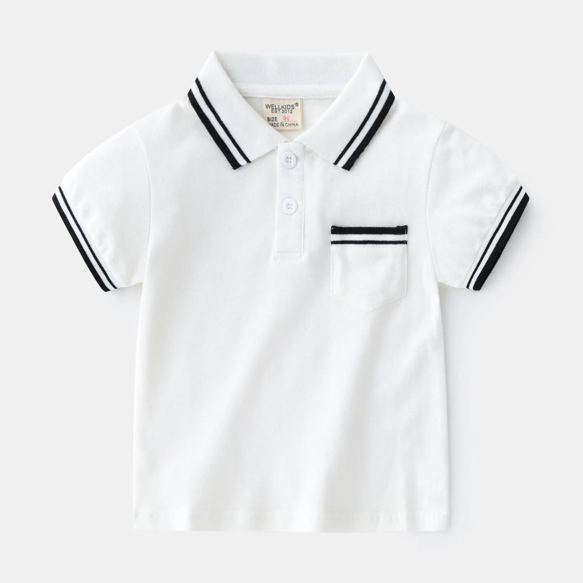 Boys' white and black cotton summer polo t-shirt with short sleeves and round neck