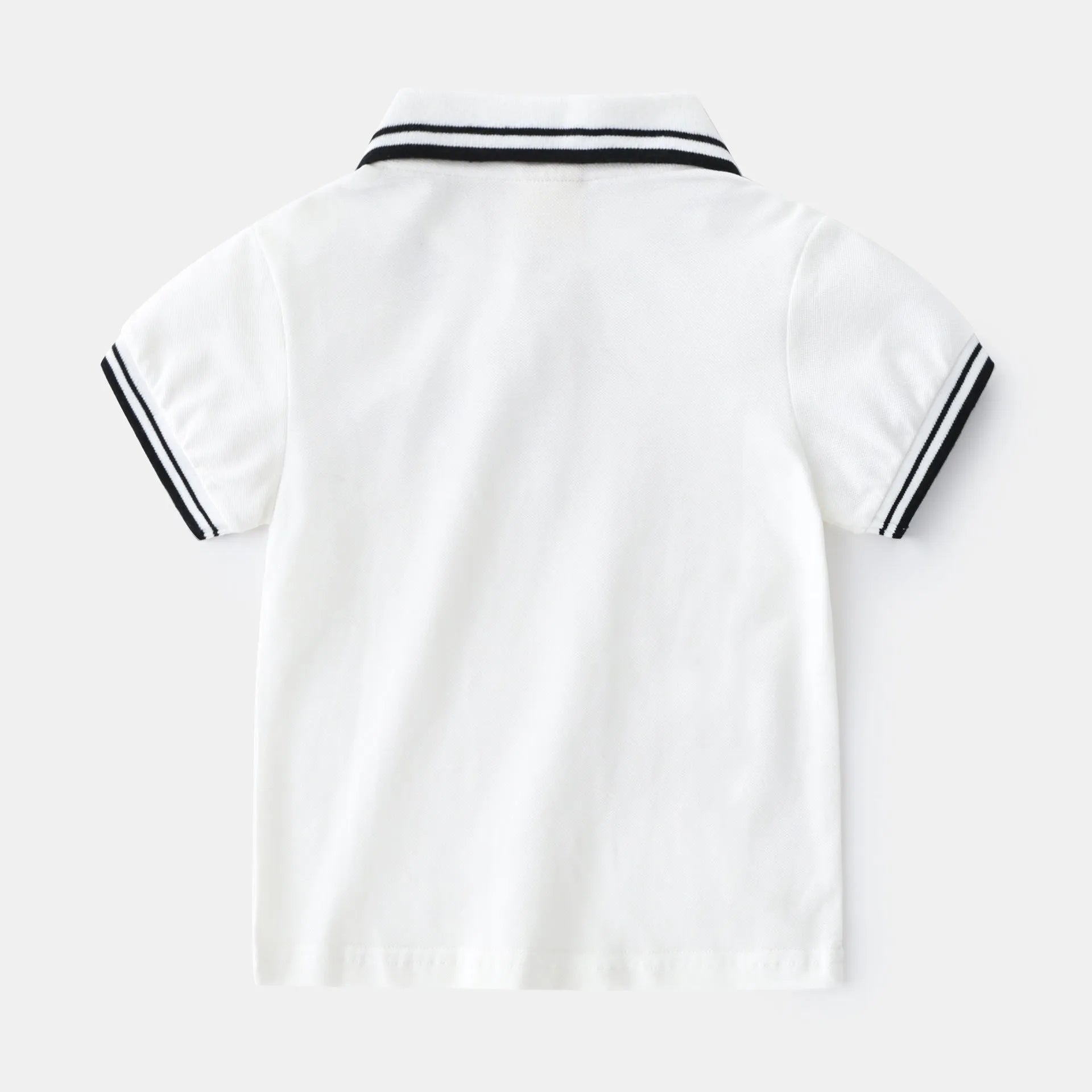 Boys' white and black cotton summer polo t-shirt with short sleeves and round neck