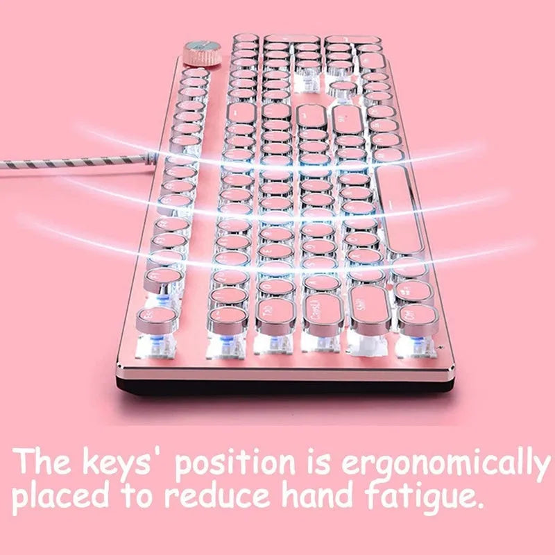 Silver and pink wired mechanical keyboard with round keycaps and white LED backlighting