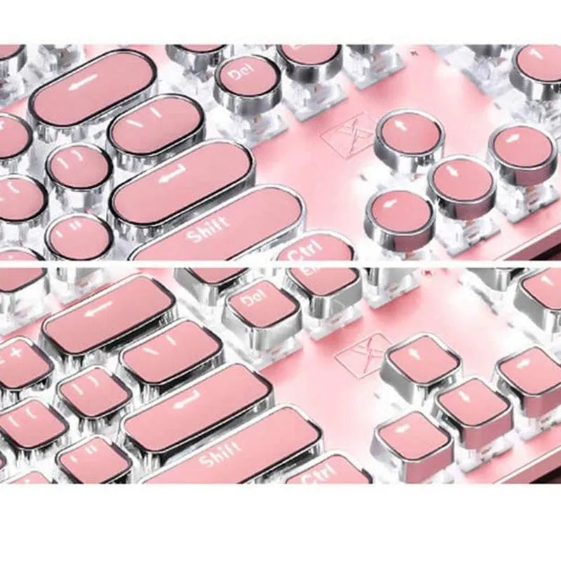 Silver and pink wired mechanical keyboard with round keycaps and white LED backlighting