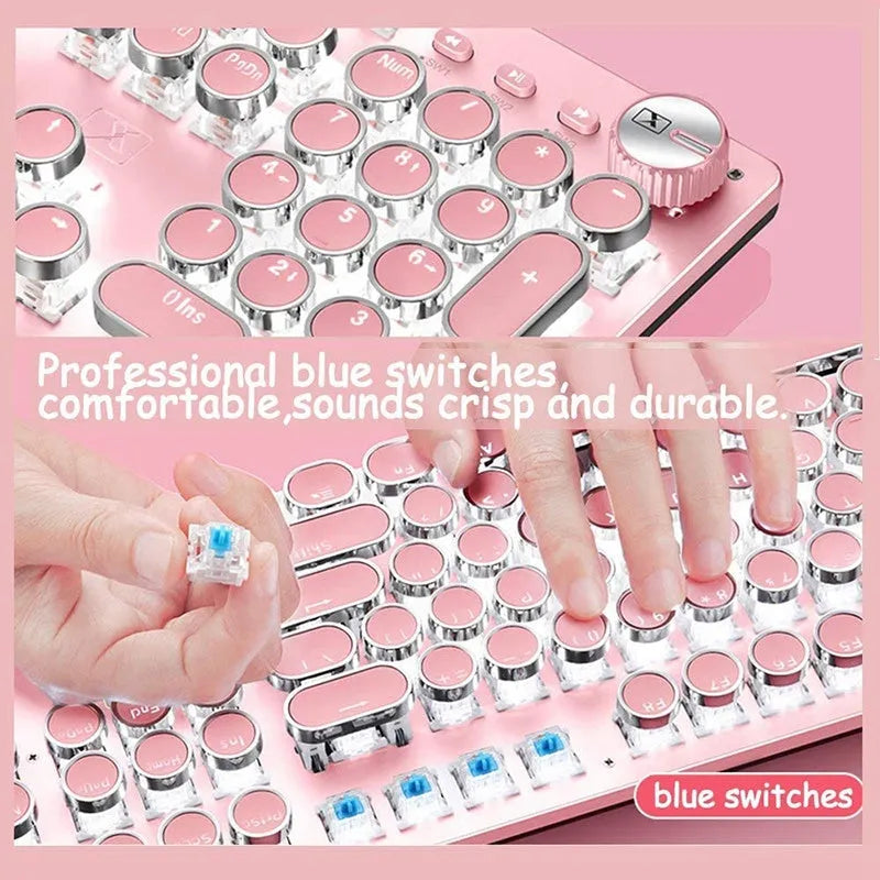 Silver and pink wired mechanical keyboard with round keycaps and white LED backlighting