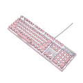 Silver and pink wired mechanical keyboard with round keycaps and white LED backlighting