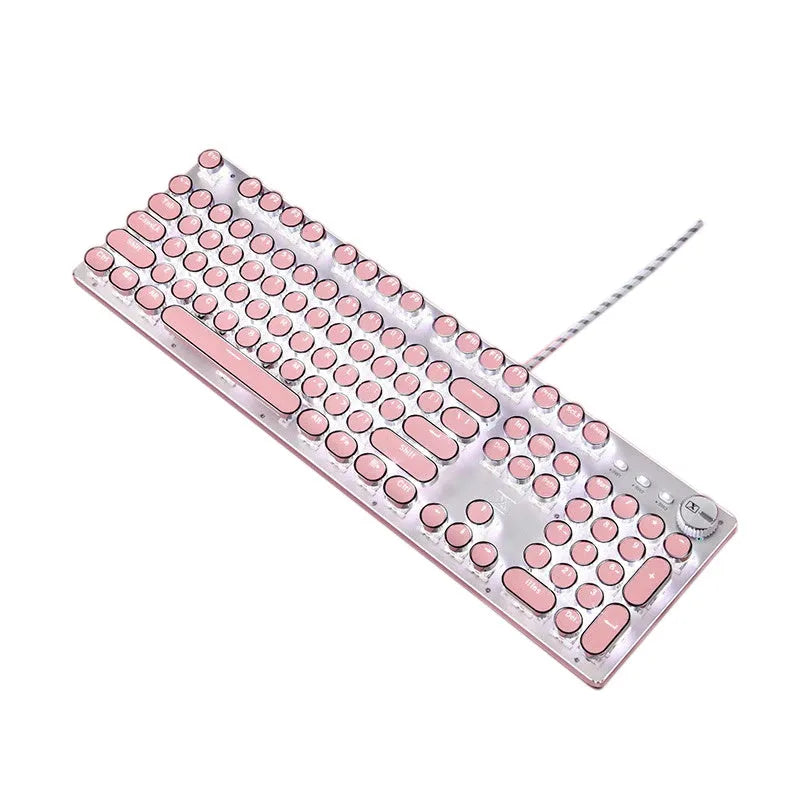Silver and pink wired mechanical keyboard with round keycaps and white LED backlighting