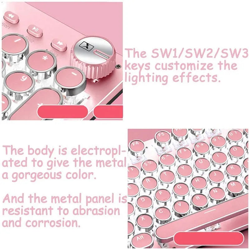 Silver and pink wired mechanical keyboard with round keycaps and white LED backlighting