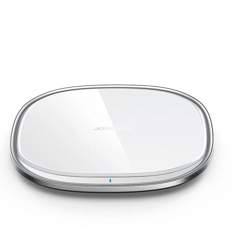 Black or white 15W wireless charging pad with zinc alloy frame and glass surface