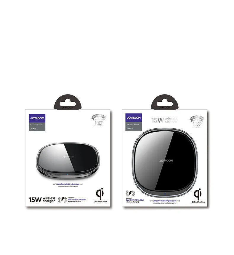 Black or white 15W wireless charging pad with zinc alloy frame and glass surface