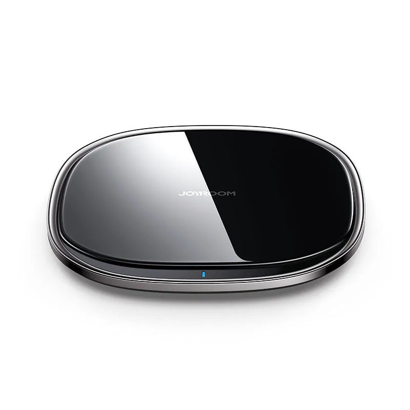 Black or white 15W wireless charging pad with zinc alloy frame and glass surface