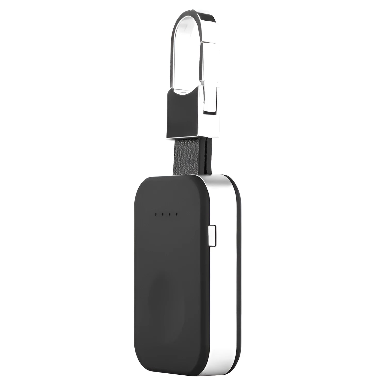 Black Apple Watch portable power bank keychain charger with USB port shown next to an Apple Watch.