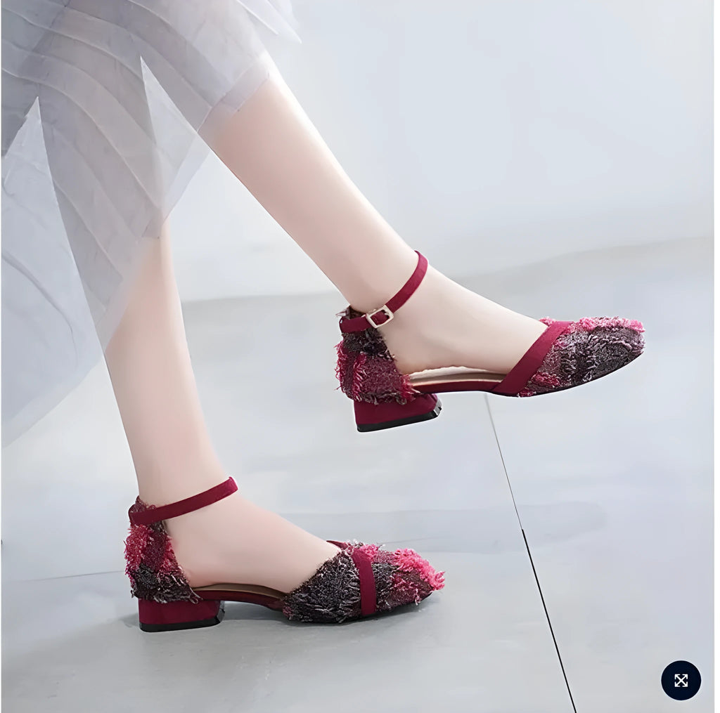 Women's flats with ankle strap and Dorsay low heel design in suede material