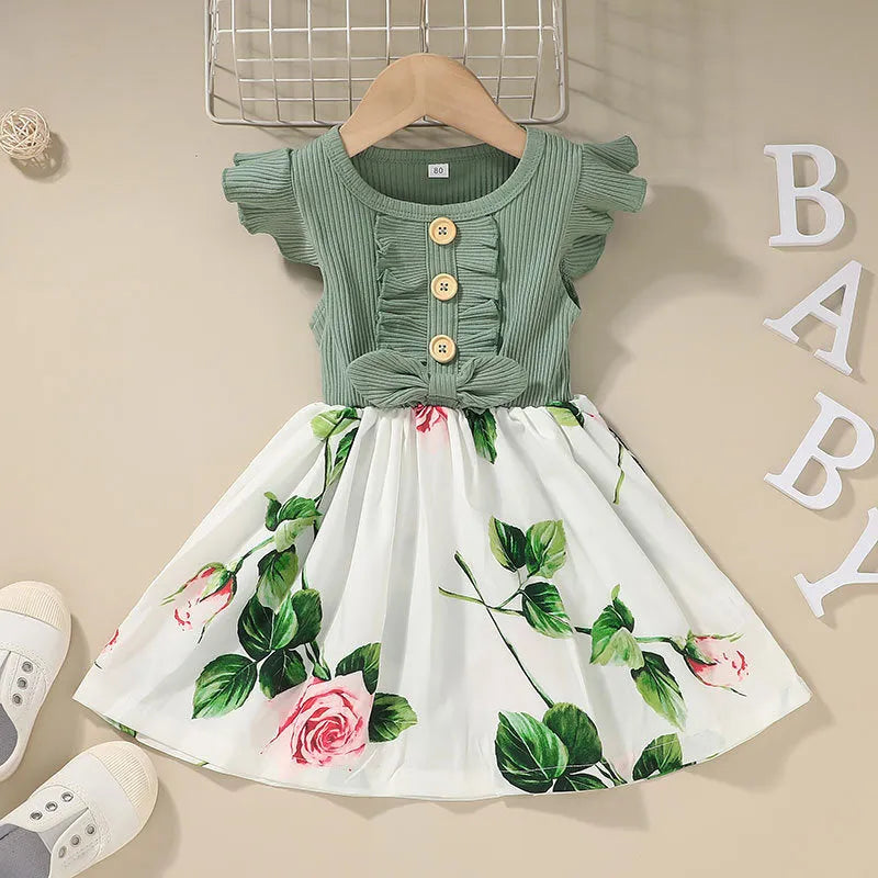 Sleeveless summer dress for toddler girl in multiple colour options showing size range 80cm to 120cm