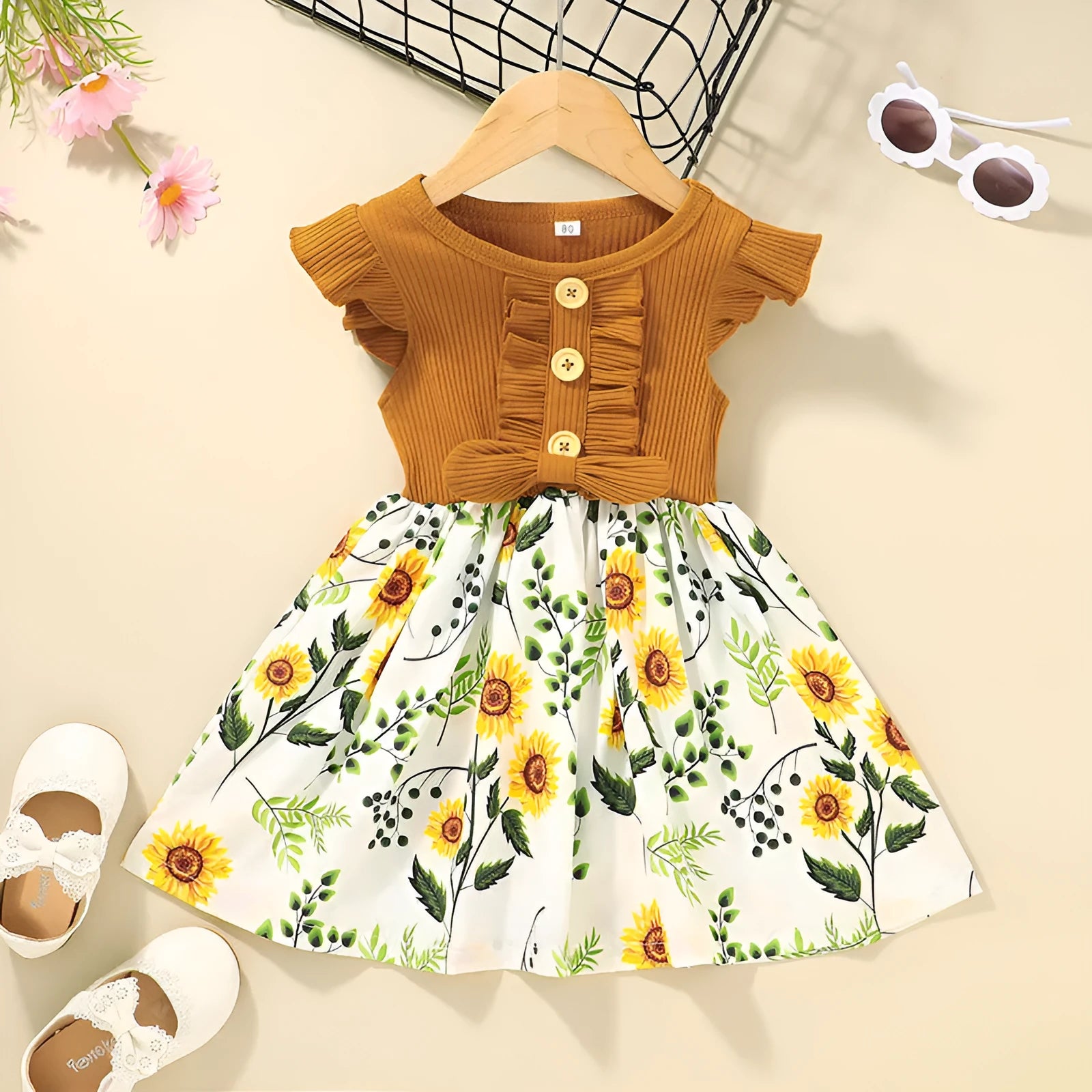 Sleeveless summer dress for toddler girl in multiple colour options showing size range 80cm to 120cm