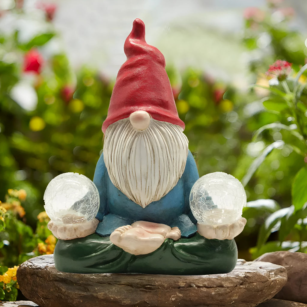 Resin dwarf garden statue with solar LED lights in faceless old man design.