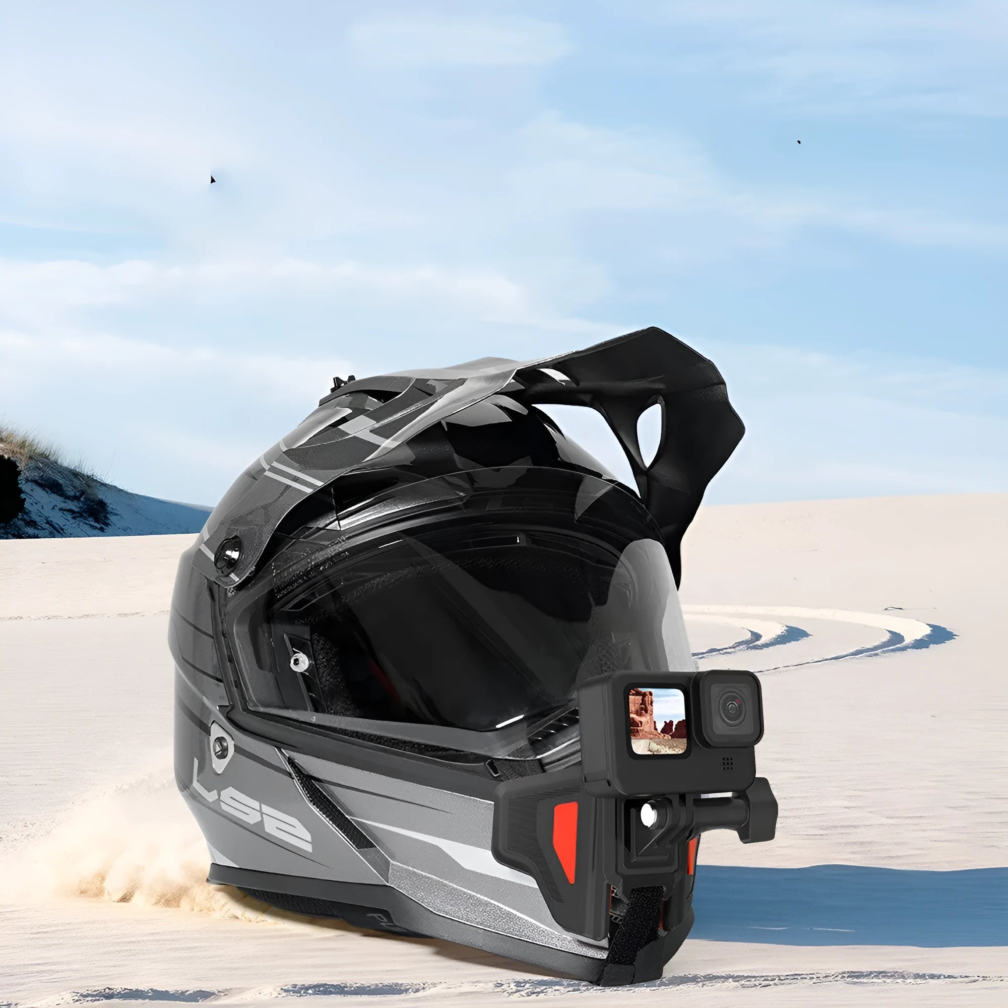 Black motorcycle helmet chin strap mount for GoPro and universal sports cameras