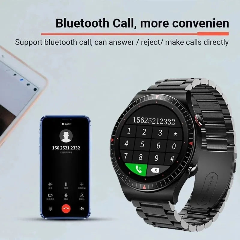 Black Bluetooth smartwatch with round touch screen on a silicone strap, showing a heart rate display.