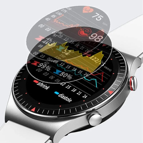 Black Bluetooth smartwatch with round touch screen on a silicone strap, showing a heart rate display.