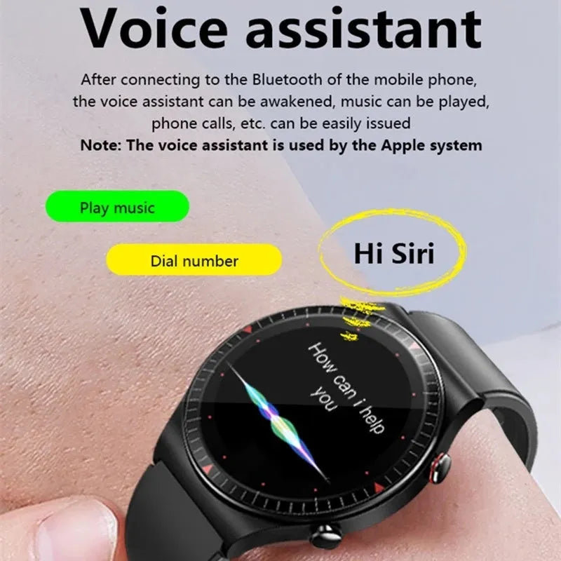 Black Bluetooth smartwatch with round touch screen on a silicone strap, showing a heart rate display.