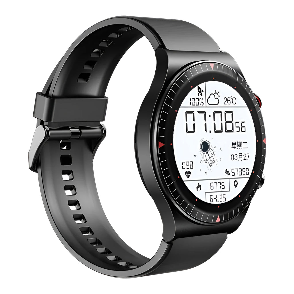 Black Bluetooth smartwatch with round touch screen on a silicone strap, showing a heart rate display.