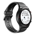 Black Bluetooth smartwatch with round touch screen on a silicone strap, showing a heart rate display.