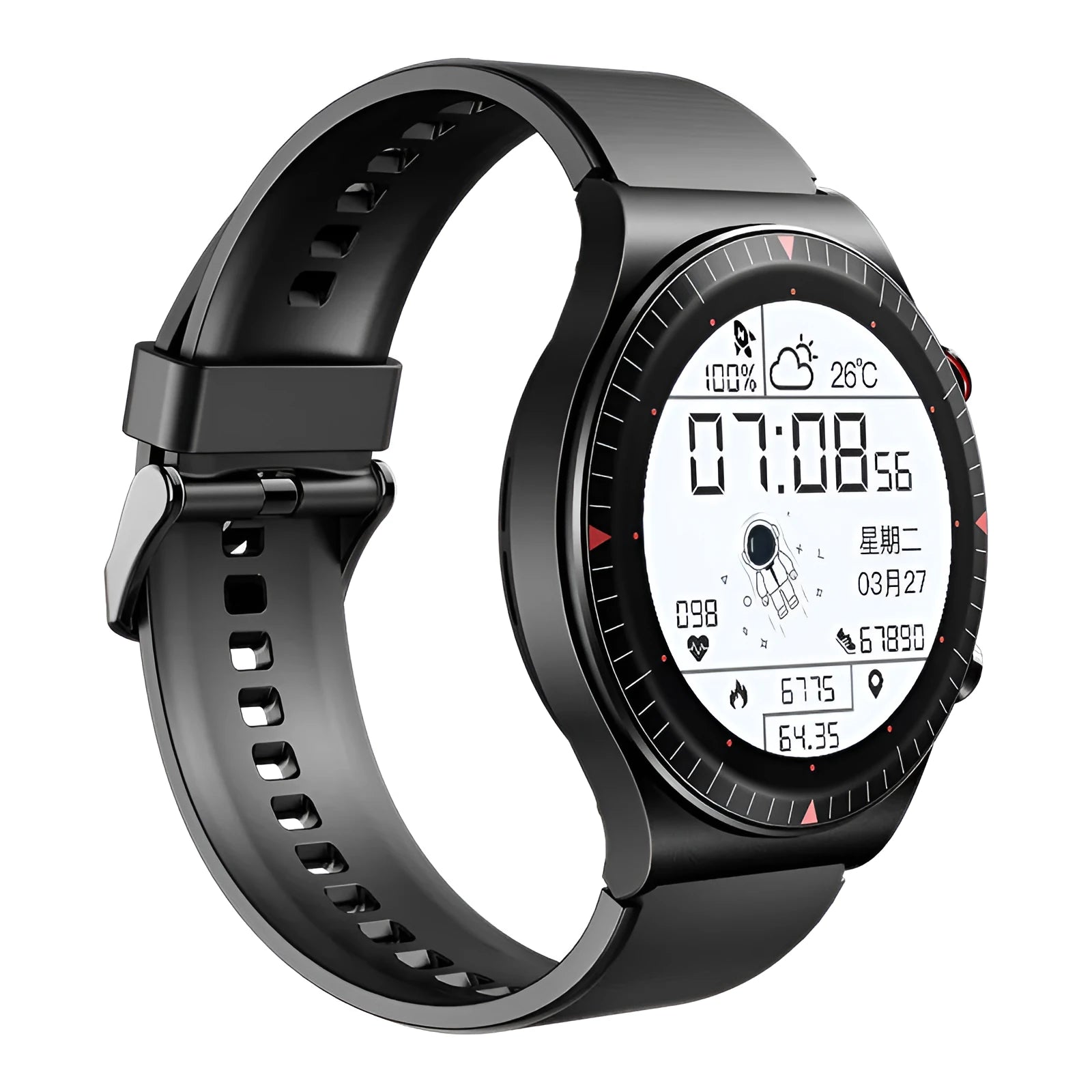 Black Bluetooth smartwatch with round touch screen on a silicone strap, showing a heart rate display.