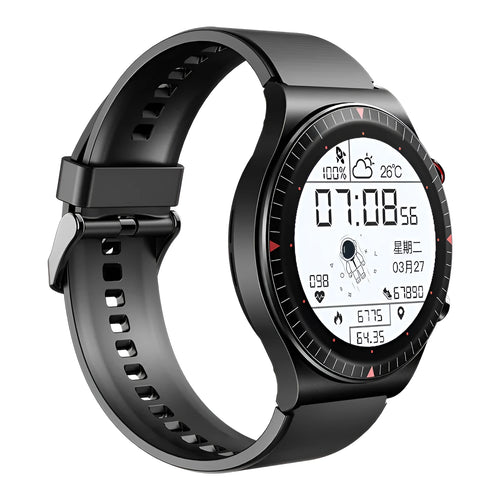 Black Bluetooth smartwatch with round touch screen on a silicone strap, showing a heart rate display.