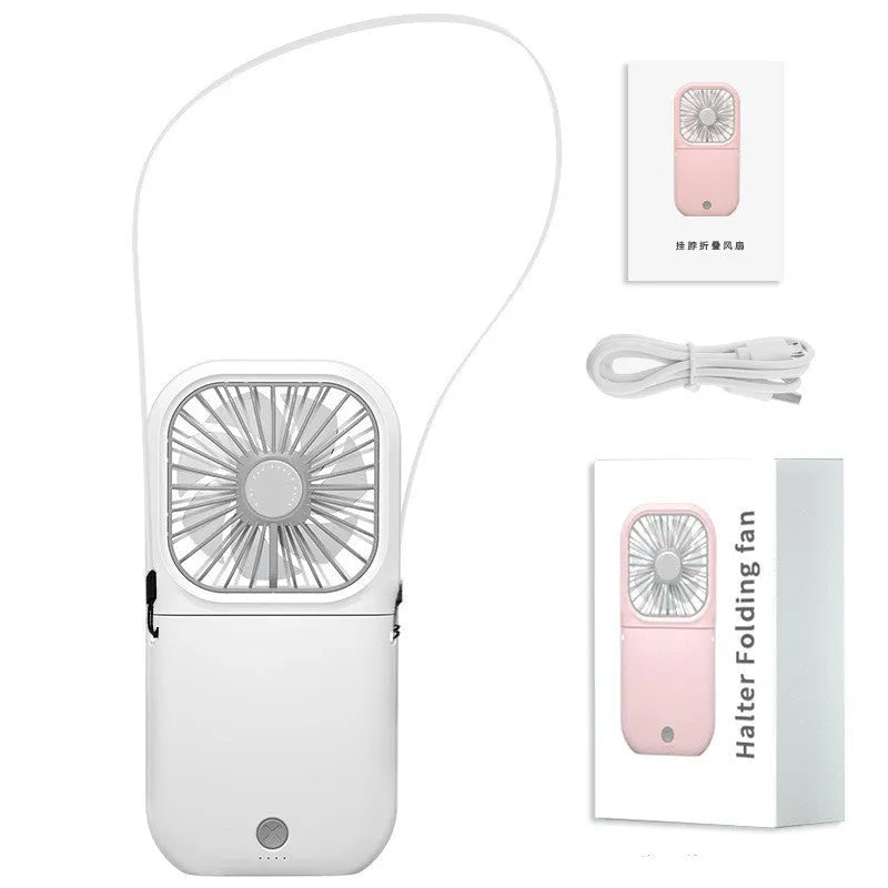 Hands-free wearable neck fan with dual fans and USB charging cable in multiple colours.