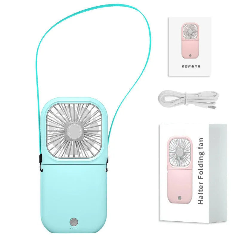 Hands-free wearable neck fan with dual fans and USB charging cable in multiple colours.