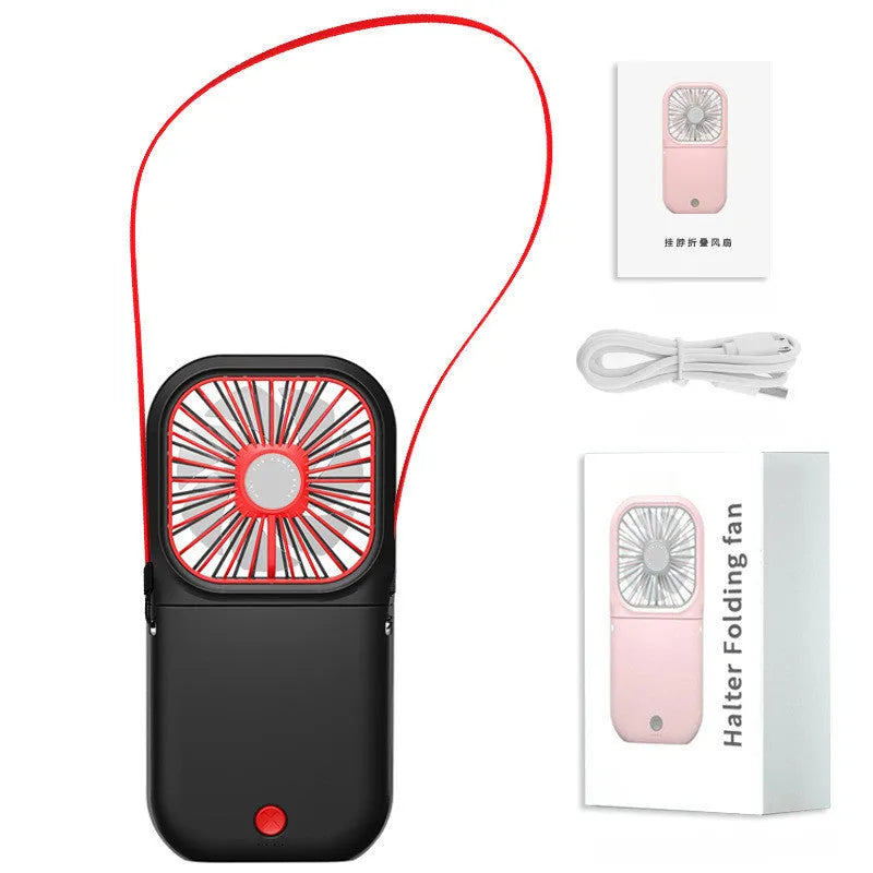 Hands-free wearable neck fan with dual fans and USB charging cable in multiple colours.