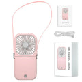 Hands-free wearable neck fan with dual fans and USB charging cable in multiple colours.