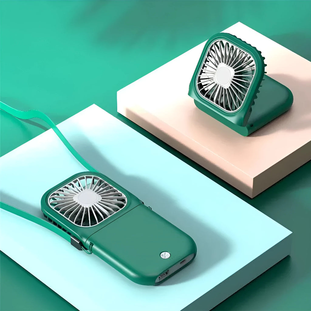 Hands-free wearable neck fan with dual fans and USB charging cable in multiple colours.
