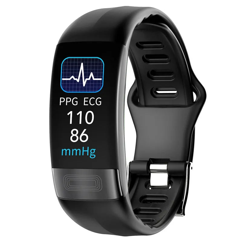 Black smart health bracelet with screen showing ECG and heart rate data on a wrist.