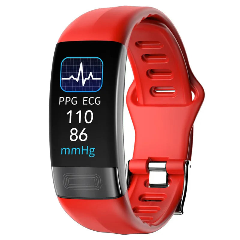 Black smart health bracelet with screen showing ECG and heart rate data on a wrist.