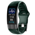 Black smart health bracelet with screen showing ECG and heart rate data on a wrist.