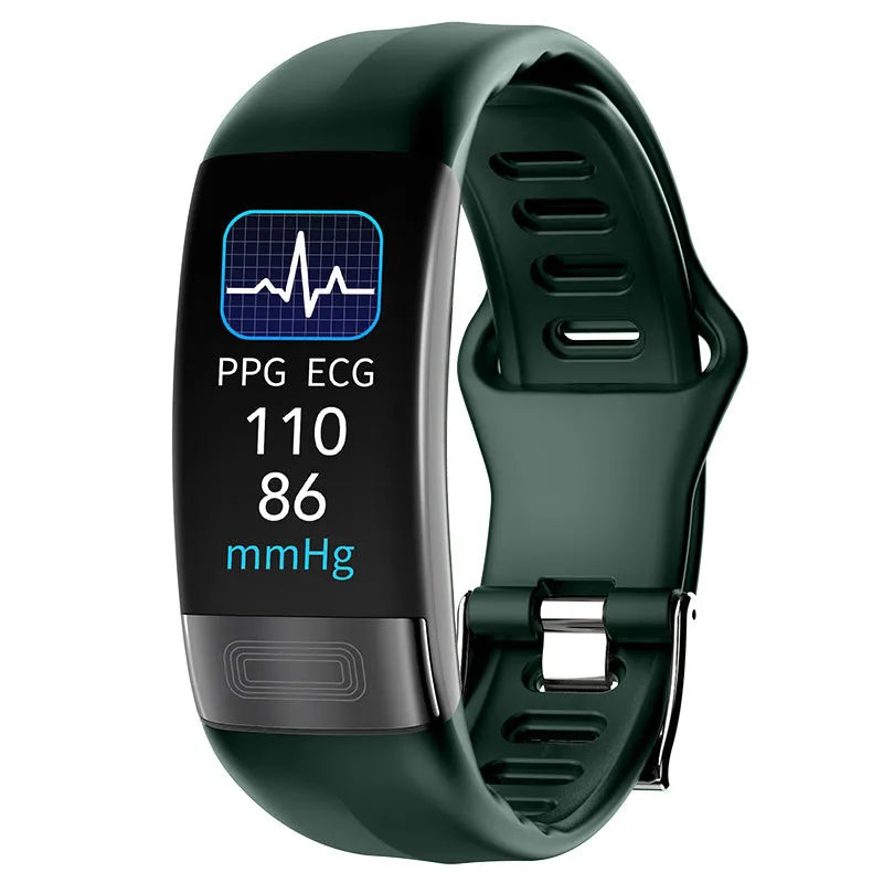 Black smart health bracelet with screen showing ECG and heart rate data on a wrist.