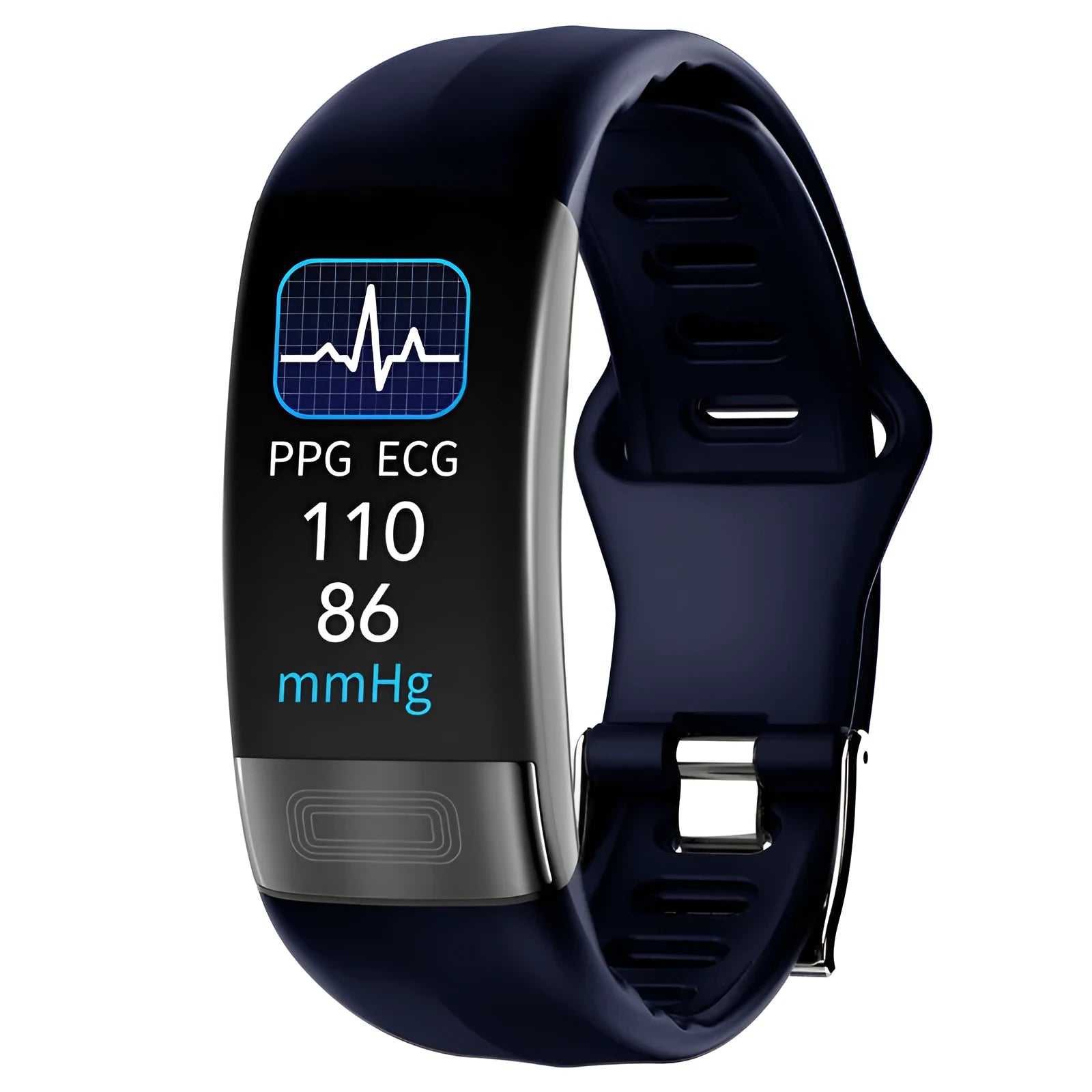 Black smart health bracelet with screen showing ECG and heart rate data on a wrist.
