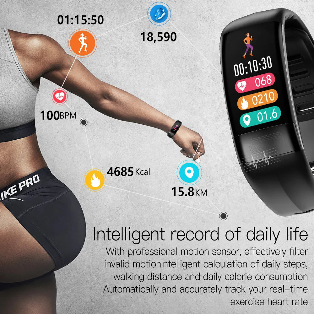 Black smart health bracelet with screen showing ECG and heart rate data on a wrist.