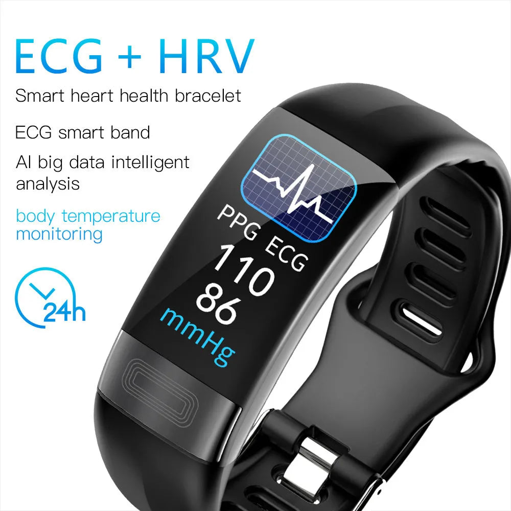 Black smart health bracelet with screen showing ECG and heart rate data on a wrist.