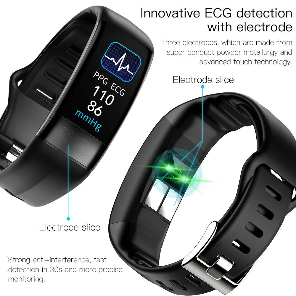 Black smart health bracelet with screen showing ECG and heart rate data on a wrist.