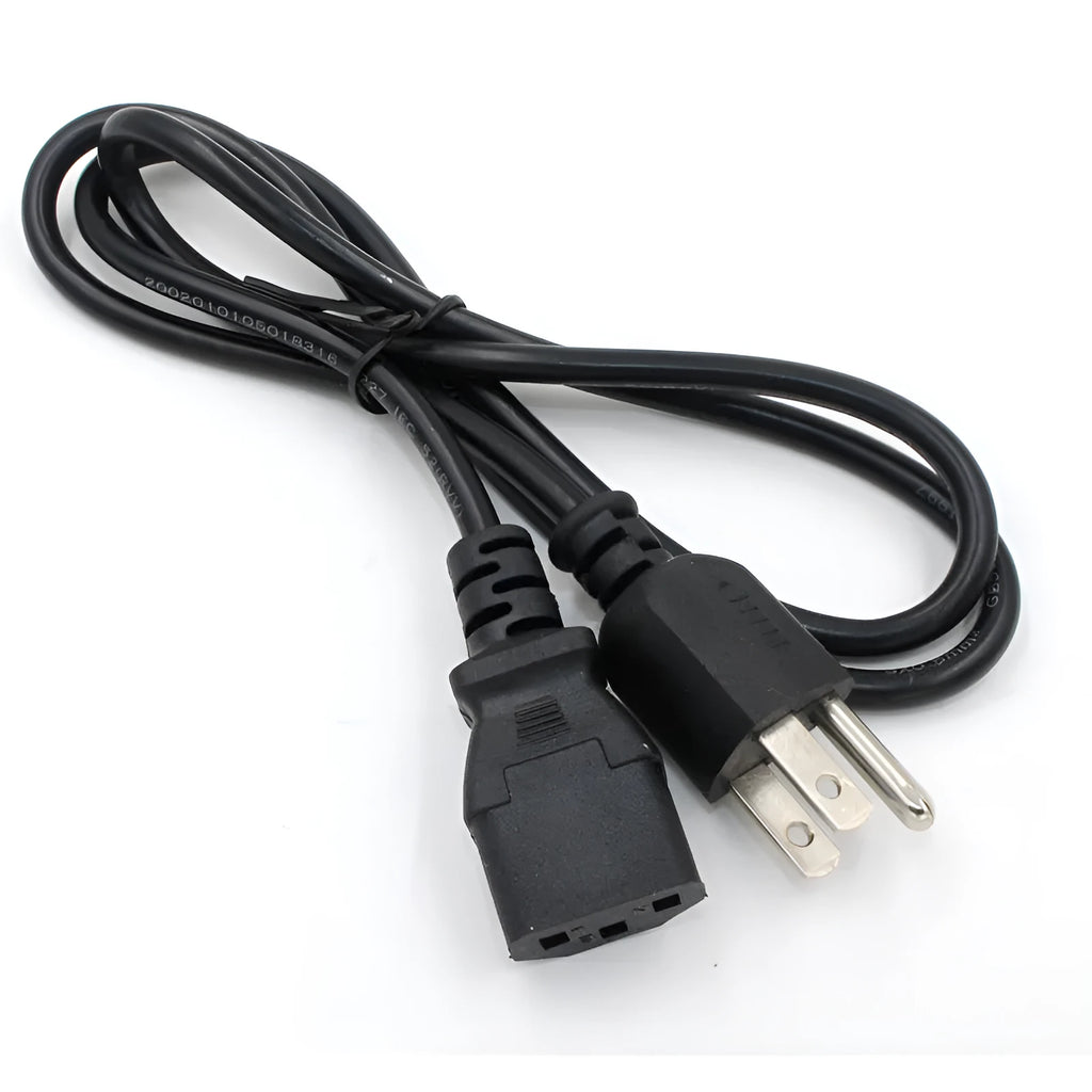 Black American standard three-pin power cord showing plug and 1.2 metre PVC-sheathed cable
