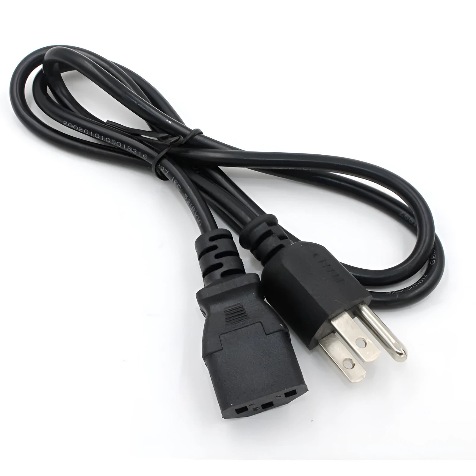 Black American standard three-pin power cord showing plug and 1.2 metre PVC-sheathed cable