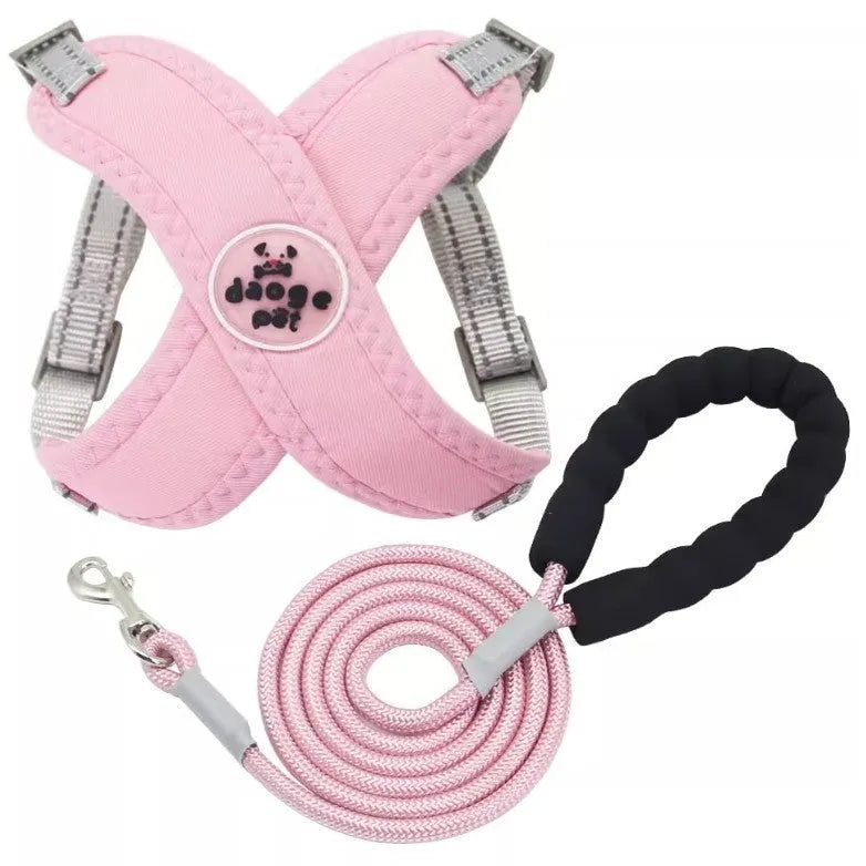 Blue polyester pet vest harness with attached hand holding rope for dog control.