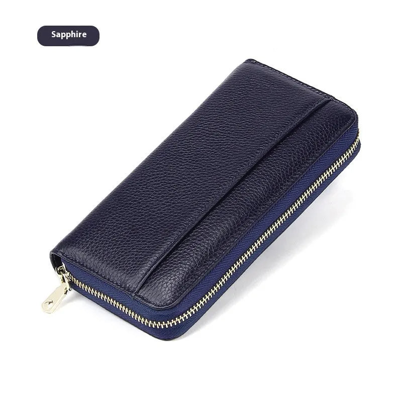 Genuine leather women's wallet showing interior compartments and anti-theft card swiping feature