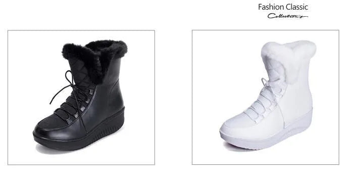 Women's black winter boots with lace-up front, platform heel and plush lining