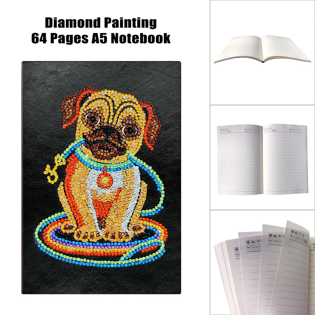 Black A5 diamond painting notebook with 50 pages, dimensions 142mm by 207mm.