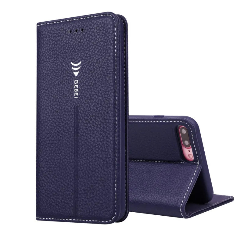 Black PU leather wallet case for iPhone showing card slots
