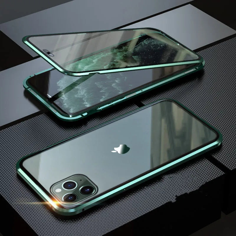 Black glass clamshell anti-spy case on an iPhone, showing geometric design and solid colour.
