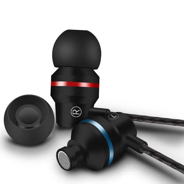 Wired in-ear headphones with 3.5mm plug in black, gold, red, rose red, and silver colour options