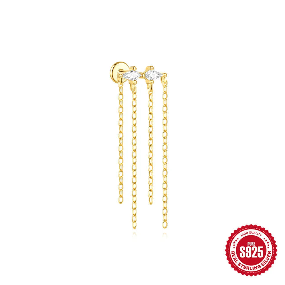 S925 sterling silver geometric kite earring with rhinestone chain tassel in gold colour.