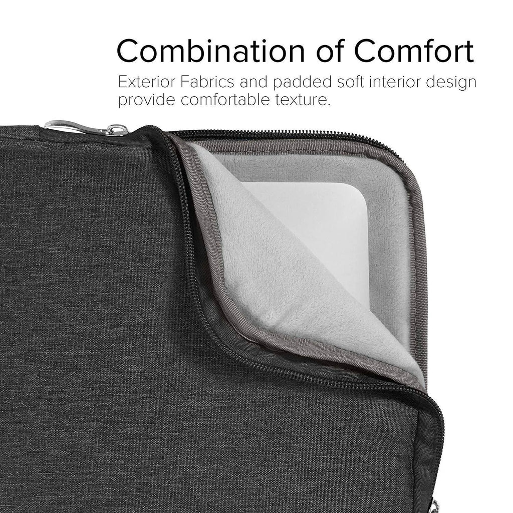 Grey canvas tablet case handbag open to show interior for a 12.9-inch device.