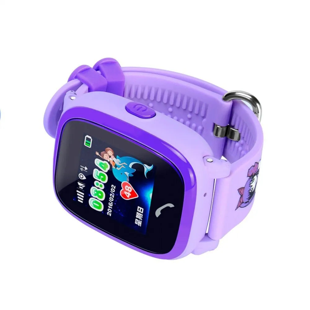 Blue children's waterproof smart watch with touch screen display and silicone wristband showing SOS button