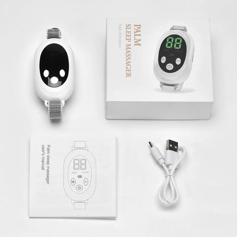 White sleep aid device with handheld remote control and adjustable intensity settings for insomnia management